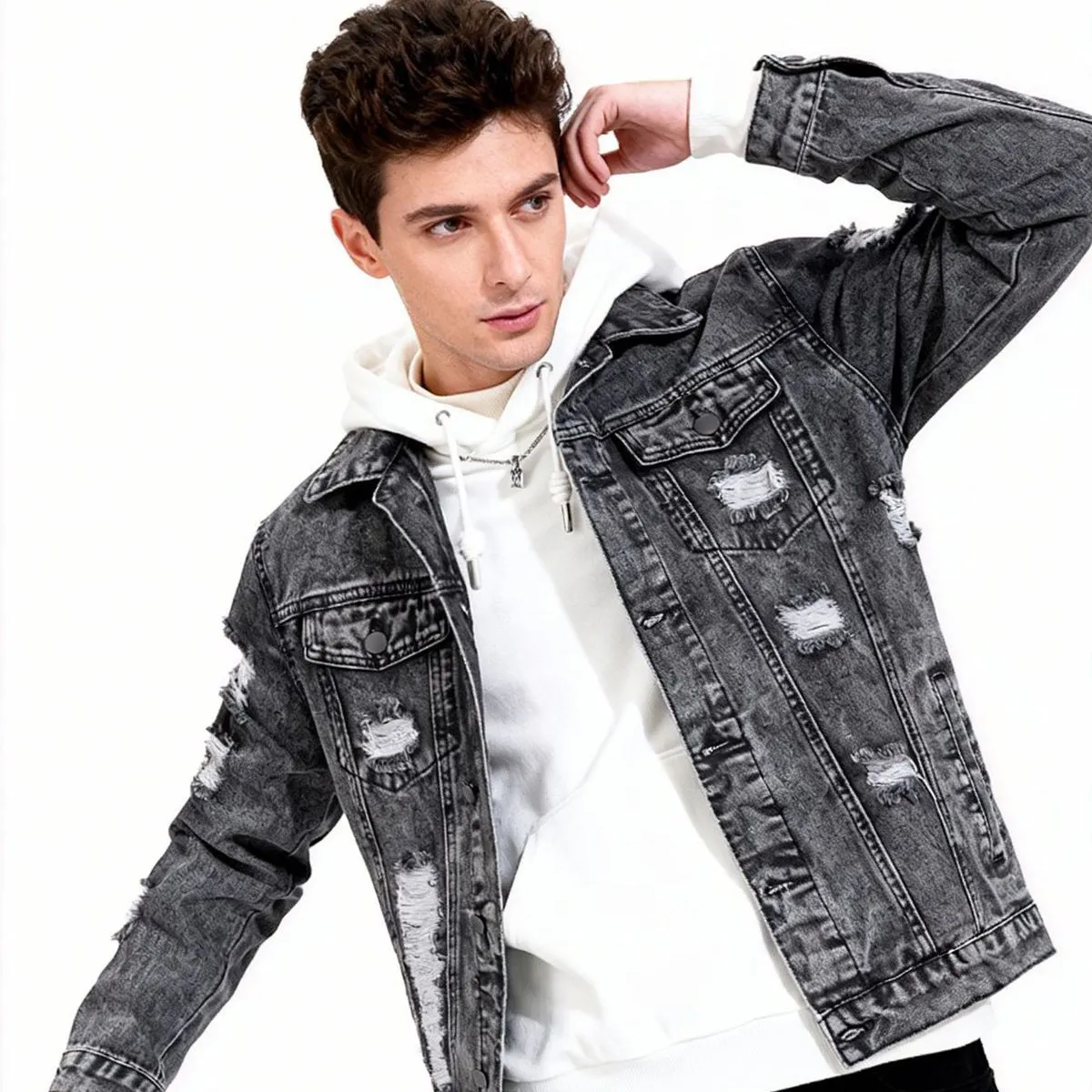 Men'S Fashion Casual Spring Autumn Wash Ripped Denim Jacket