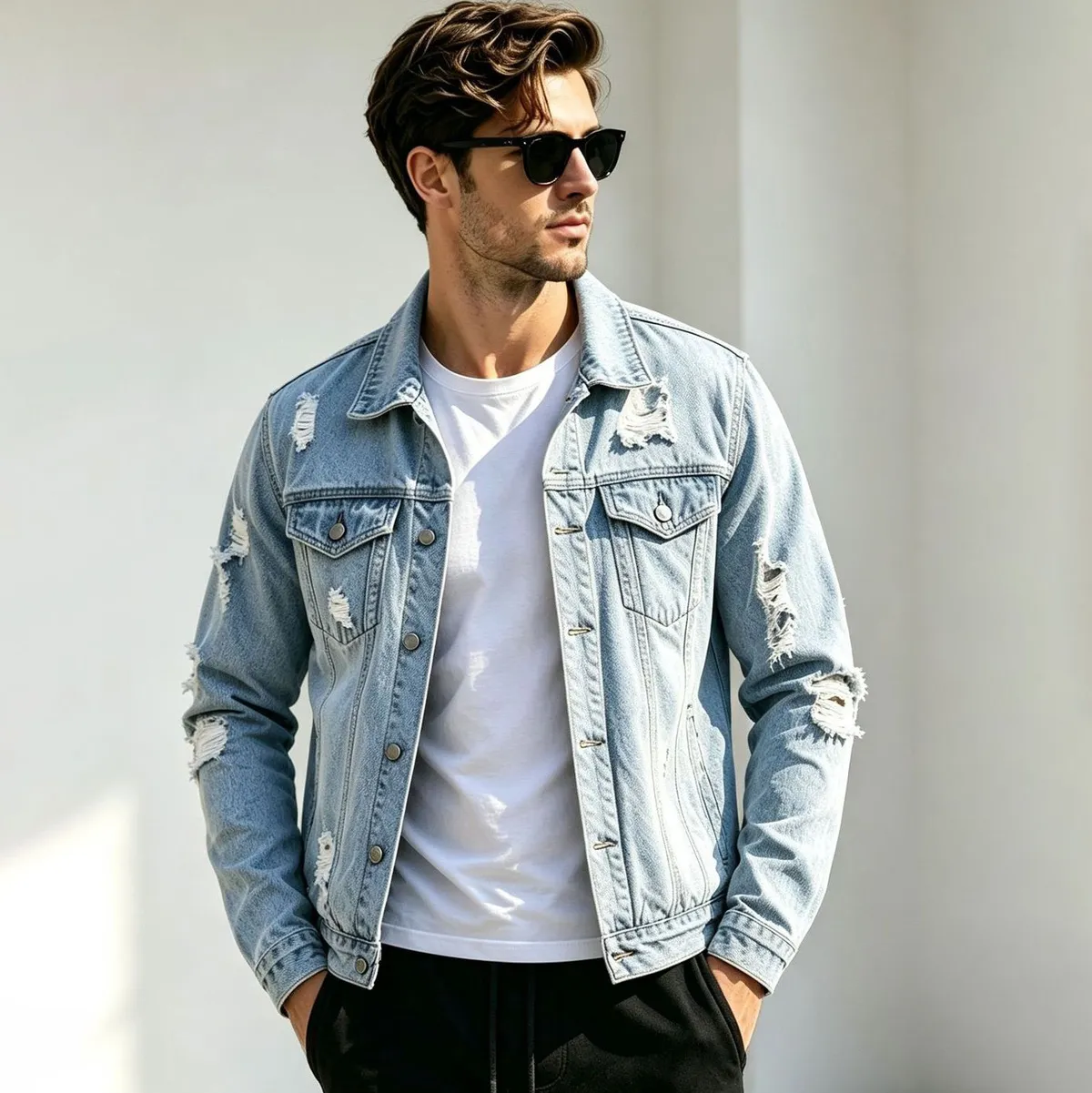 Men'S Fashion Casual Spring And Autumn Ripped Lapel Long-Sleeve Denim Jacket