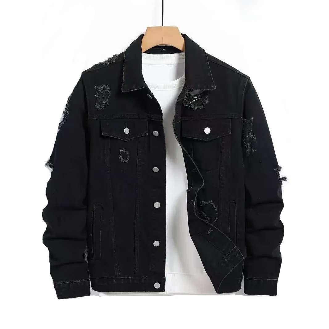 Men'S Fashion Casual Autumn And Winter Black Ripped Loose Denim Jacket