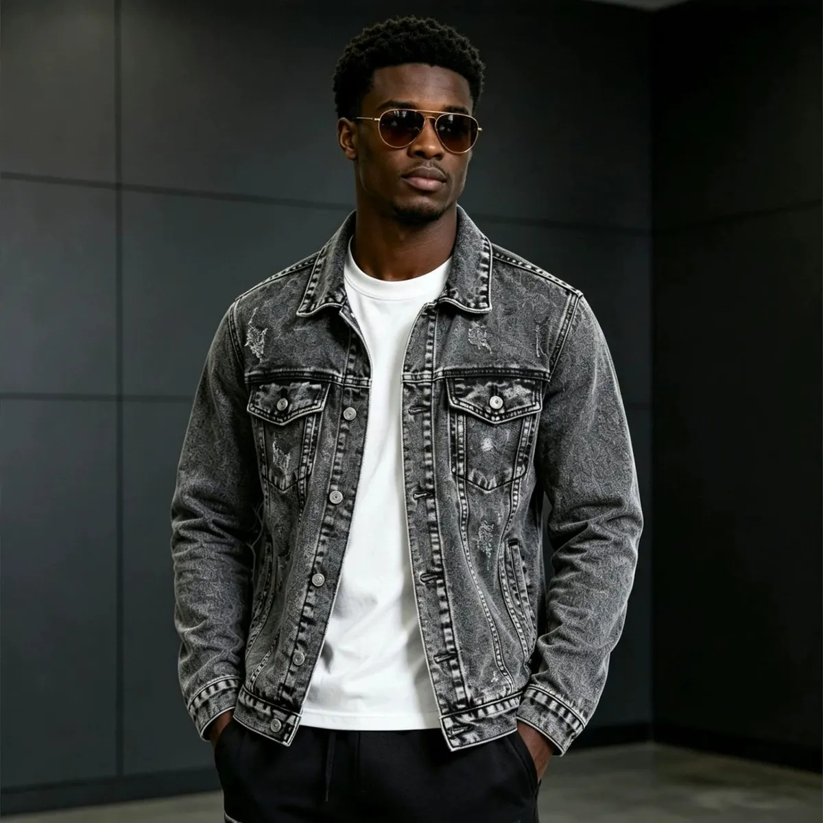Men'S Fashion Casual Spring And Autumn Grey Lapel Long-Sleeve Denim Jacket