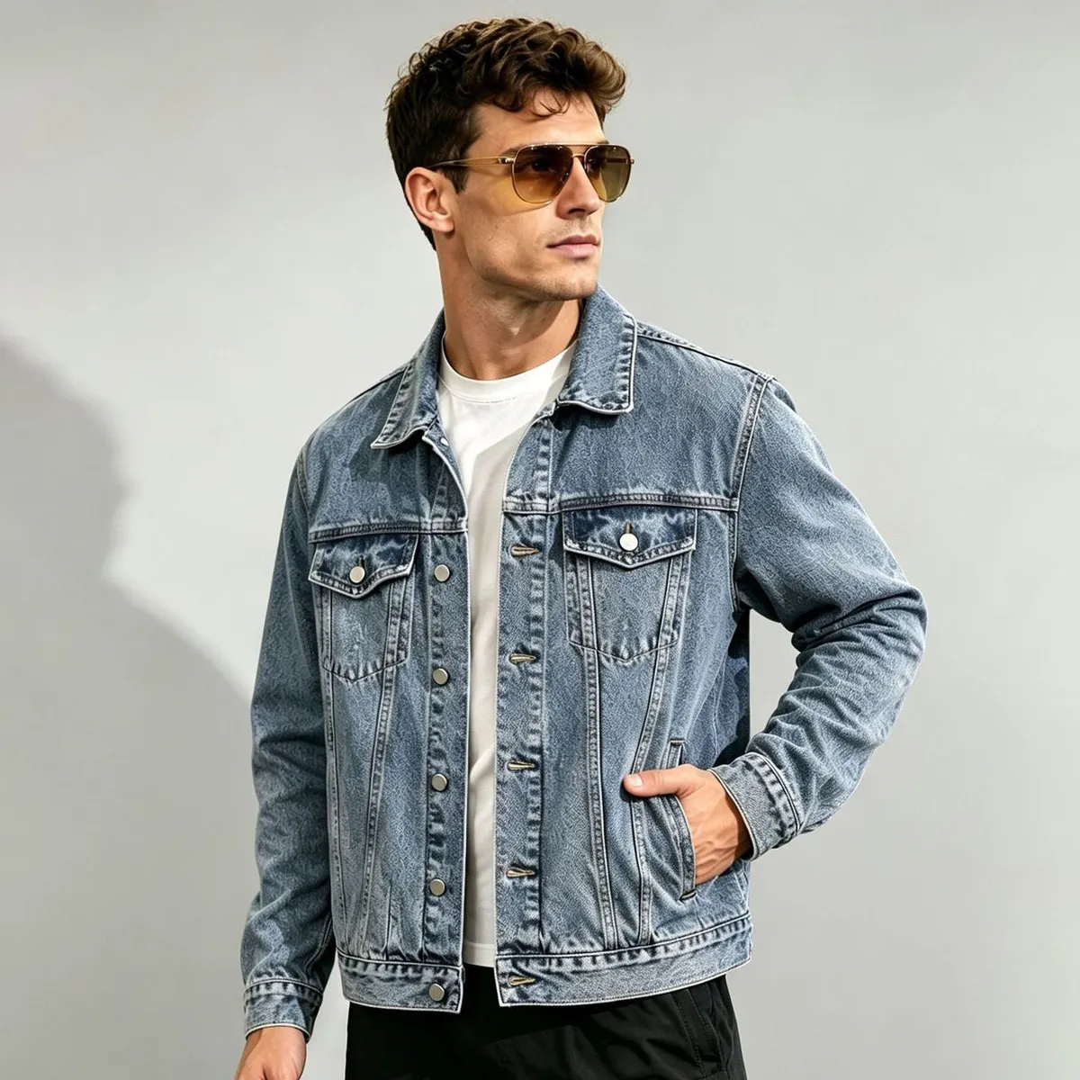 Men'S Fashion Casual Spring And Autumn Washed Lapel Long-Sleeve Denim Jacket