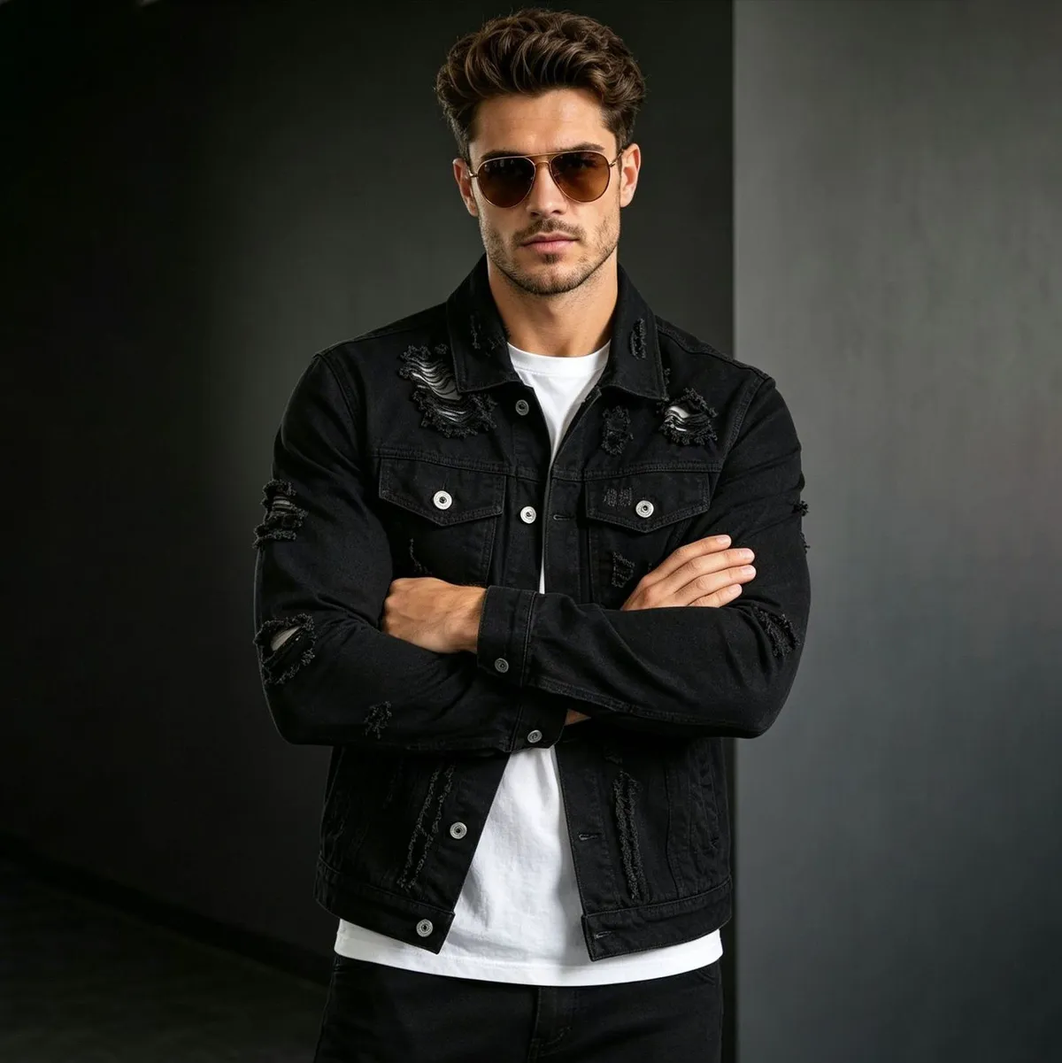 Men'S Fashion Casual Spring And Autumn Ripped Lapel Long-Sleeve Denim Jacket