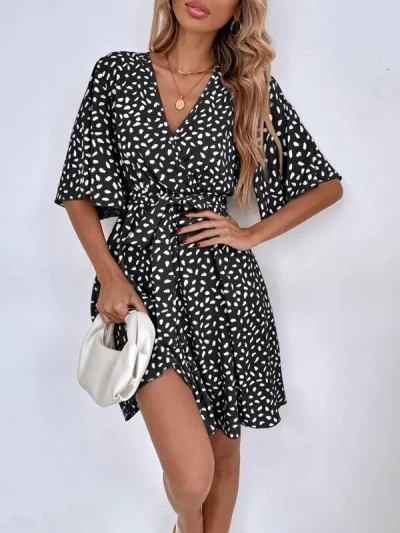 Women Fashion Casual Printed V-Neck Short Sleeve Tight Waist A-Line Dress