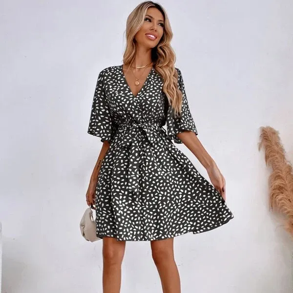 Women Fashion Casual Printed V-Neck Short Sleeve Tight Waist A-Line Dress