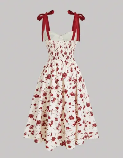Women Fashion Elegant Summer Printed Lace-Up Tight Waist A-Line Dress
