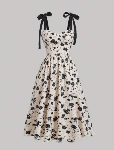 Women Fashion Elegant Summer Printed Lace-Up Tight Waist A-Line Dress