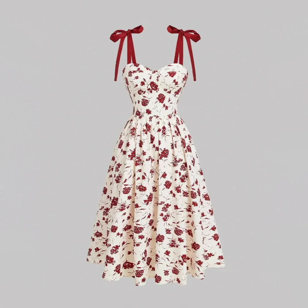 Women Fashion Elegant Summer Printed Lace-Up Tight Waist A-Line Dress