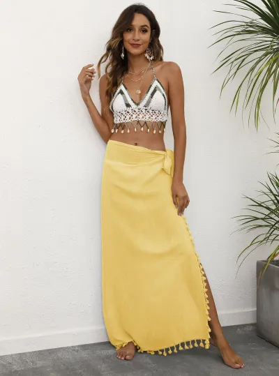 Women Fashion Sexy Solid Color Strap Tassel Stitching Irregular Beach Swimsuit Cover-Ups