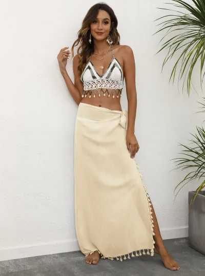 Women Fashion Sexy Solid Color Strap Tassel Stitching Irregular Beach Swimsuit Cover-Ups