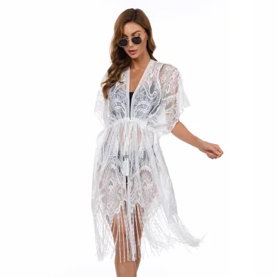 Women Fashion Sexy Solid Color Lace Tassel Beach Swimsuit Cover-Ups