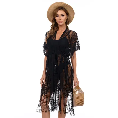 Women Fashion Sexy Solid Color Lace Tassel Beach Swimsuit Cover-Ups