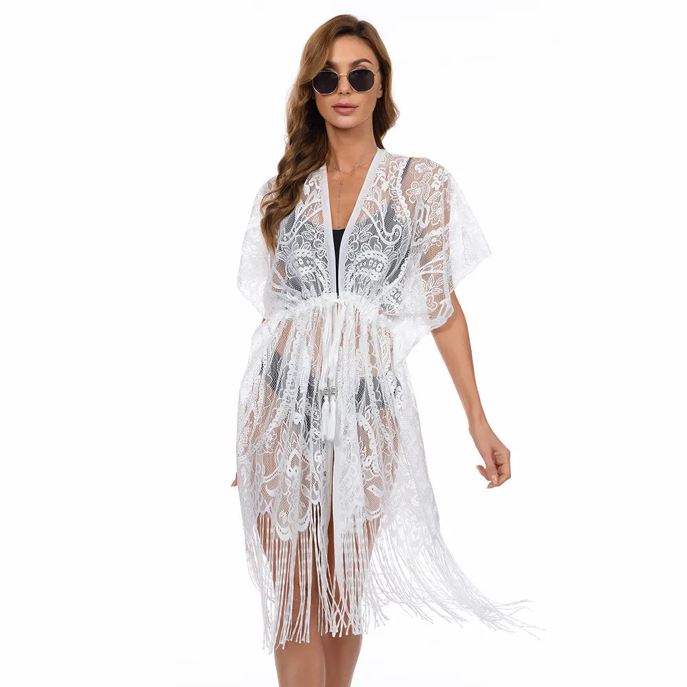 Women Fashion Sexy Solid Color Lace Tassel Beach Swimsuit Cover-Ups