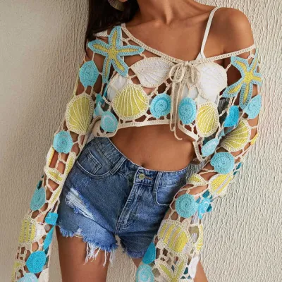 Women Fashion Boho Ethnic-Style Hollow-Out Crochet Long-Sleeve Beach Swimsuit Cover-Ups