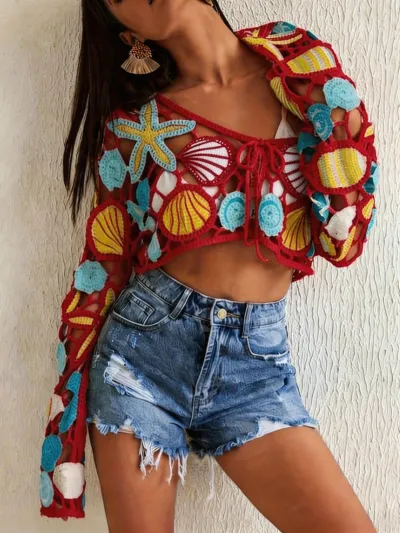 Women Fashion Boho Ethnic-Style Hollow-Out Crochet Long-Sleeve Beach Swimsuit Cover-Ups