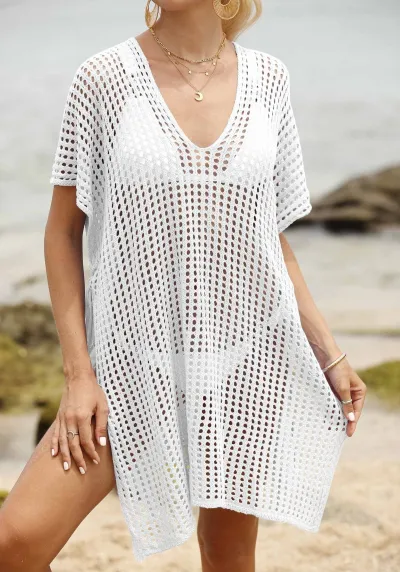 Women Fashion Sexy Hollow Crochet Short-Sleeve Beach Swimsuit Cover-Ups