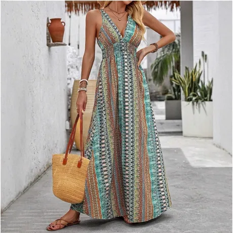 Women Fashion Boho Vacation Printed Deep V-Neck Sleeveless Tight Waist Dress