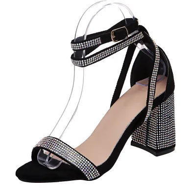 Women Fashion Sexy Solid Color Rhinestone Round-Toe Thick Heel Heeled Sandals