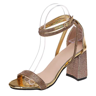 Women Fashion Sexy Solid Color Rhinestone Round-Toe Thick Heel Heeled Sandals