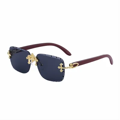 Men'S Fashion Retro Frameless Diamond Cut-Edge Imitation Wood Pattern Sunglasses