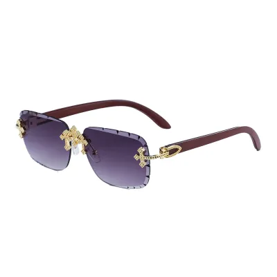 Men'S Fashion Retro Frameless Diamond Cut-Edge Imitation Wood Pattern Sunglasses