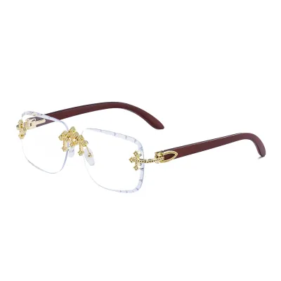 Men'S Fashion Retro Frameless Diamond Cut-Edge Imitation Wood Pattern Sunglasses