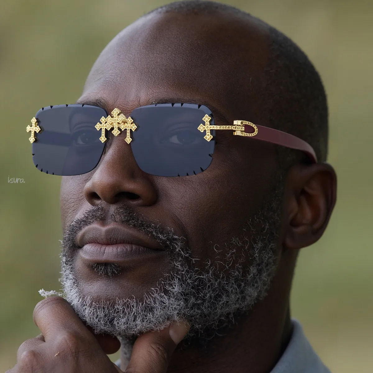 Men'S Fashion Retro Frameless Diamond Cut-Edge Imitation Wood Pattern Sunglasses