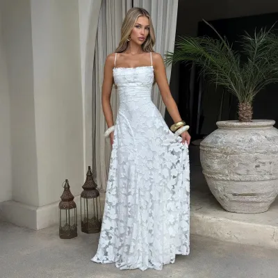 Women Fashion Elegant Printed Spaghetti Strap Strap Backless Formal Dress