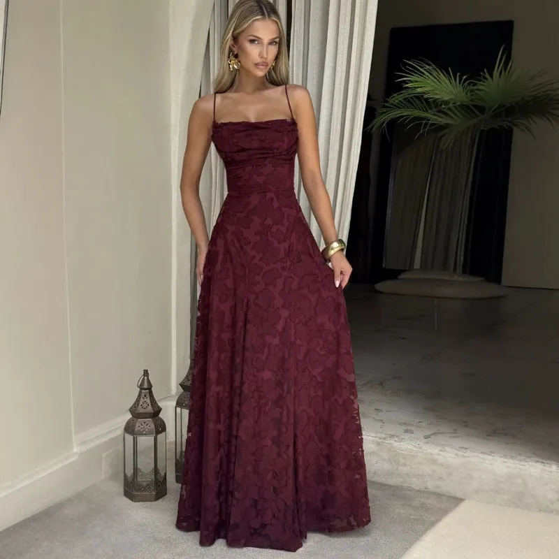 Women Fashion Elegant Printed Spaghetti Strap Strap Backless Formal Dress