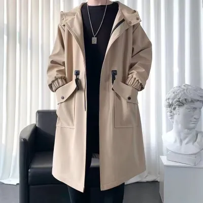 Men'S Fashion Casual Spring And Autumn Solid Color Long-Sleeve Pockets Long Hooded Windbreaker Coat