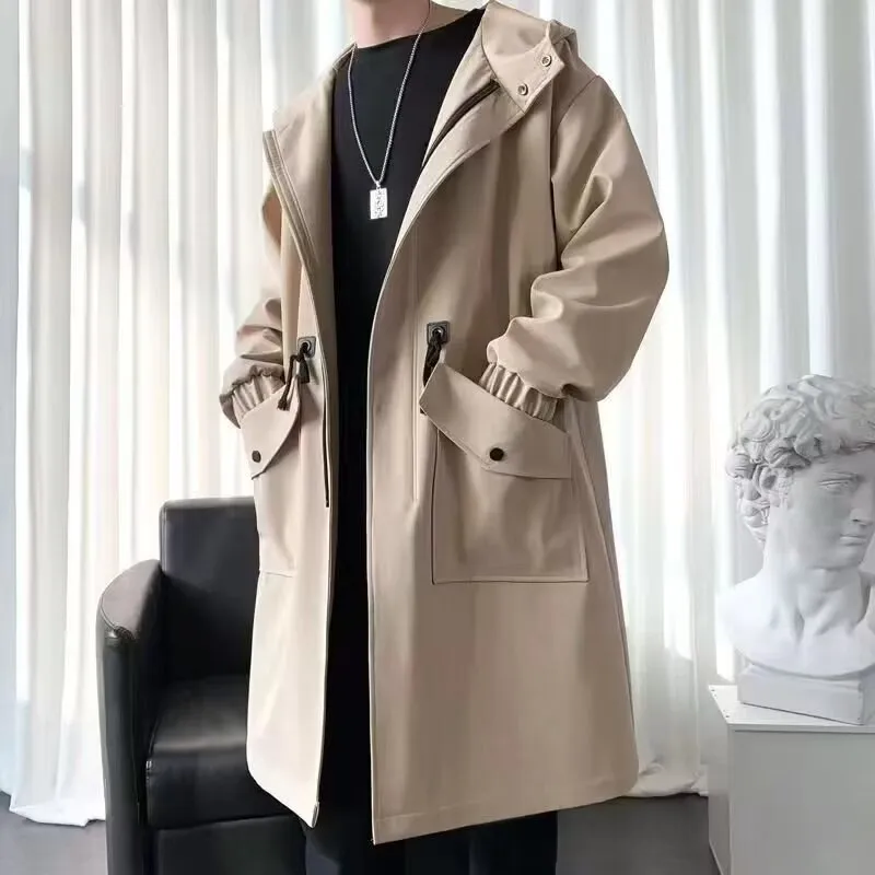 Men'S Fashion Casual Spring And Autumn Solid Color Long-Sleeve Pockets Long Hooded Windbreaker Coat