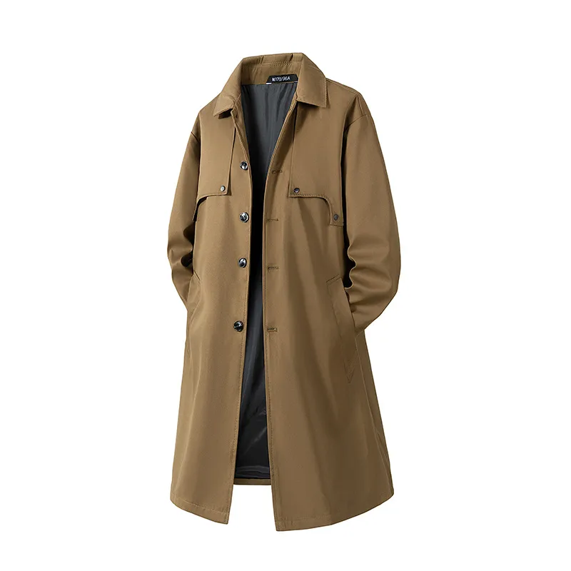 Men'S Fashion Casual Spring And Autumn Lapel Long-Sleeve Mid-Length Windbreaker Coat