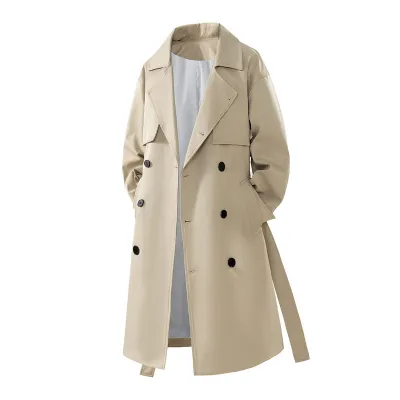 Men Fashion Casual Spring And Autumn Solid Color Loose Double-Breasted Mid-Length Windbreaker Coat