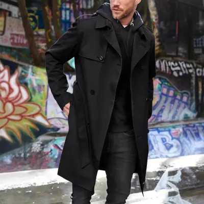 Men'S Fashion Casual Spring And Autumn Solid Color Lapel Long-Sleeve Double-Breasted Windbreaker Coat