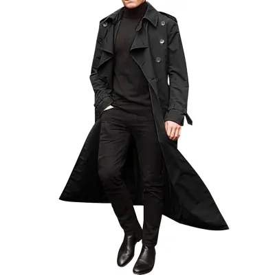 Men'S Fashion Casual Spring And Autumn Solid Color Lapel Long-Sleeve Mid-Length Windbreaker Coat