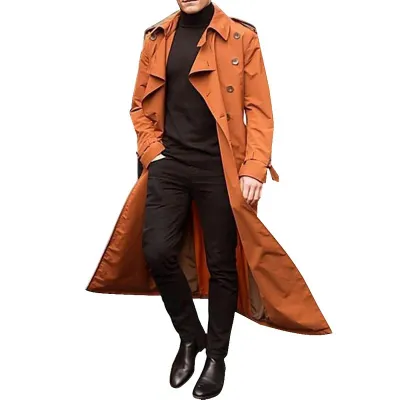 Men'S Fashion Casual Spring And Autumn Solid Color Lapel Long-Sleeve Mid-Length Windbreaker Coat
