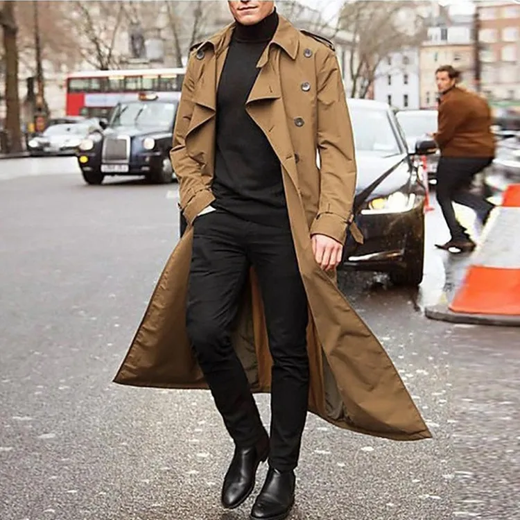 Men'S Fashion Casual Spring And Autumn Solid Color Lapel Long-Sleeve Mid-Length Windbreaker Coat