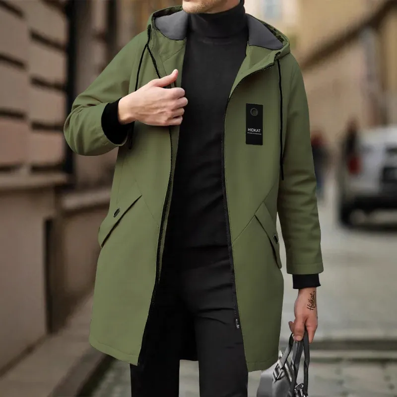 Men Fashion Casual Spring And Autumn Solid Color Mid-Length Slim-Fit Hooded Windbreaker Coat
