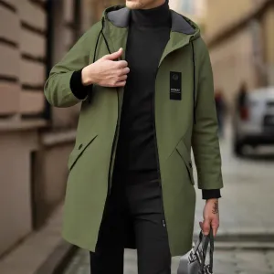 Men Fashion Casual Spring And Autumn Solid Color Mid-Length Slim-Fit Hooded Windbreaker Coat