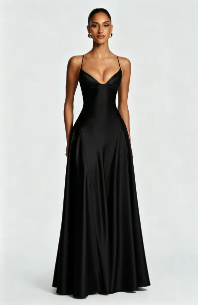 Women Fashion Elegant Solid Color Spaghetti Strap Strap Tight Waist A-Line Formal Dress