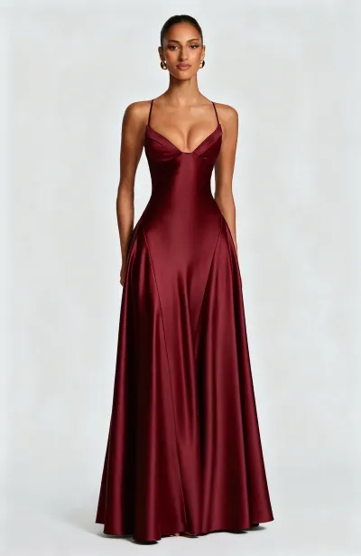 Women Fashion Elegant Solid Color Spaghetti Strap Strap Tight Waist A-Line Formal Dress