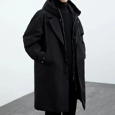 Men Fashion Causal Spring And Autumn Solid Color Fake Two-Piece Hooded Mid-Length Windbreaker Coat