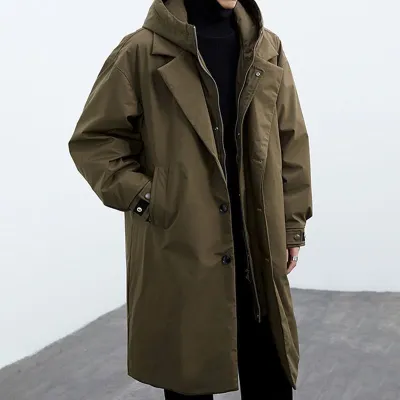 Men Fashion Causal Spring And Autumn Solid Color Fake Two-Piece Hooded Mid-Length Windbreaker Coat