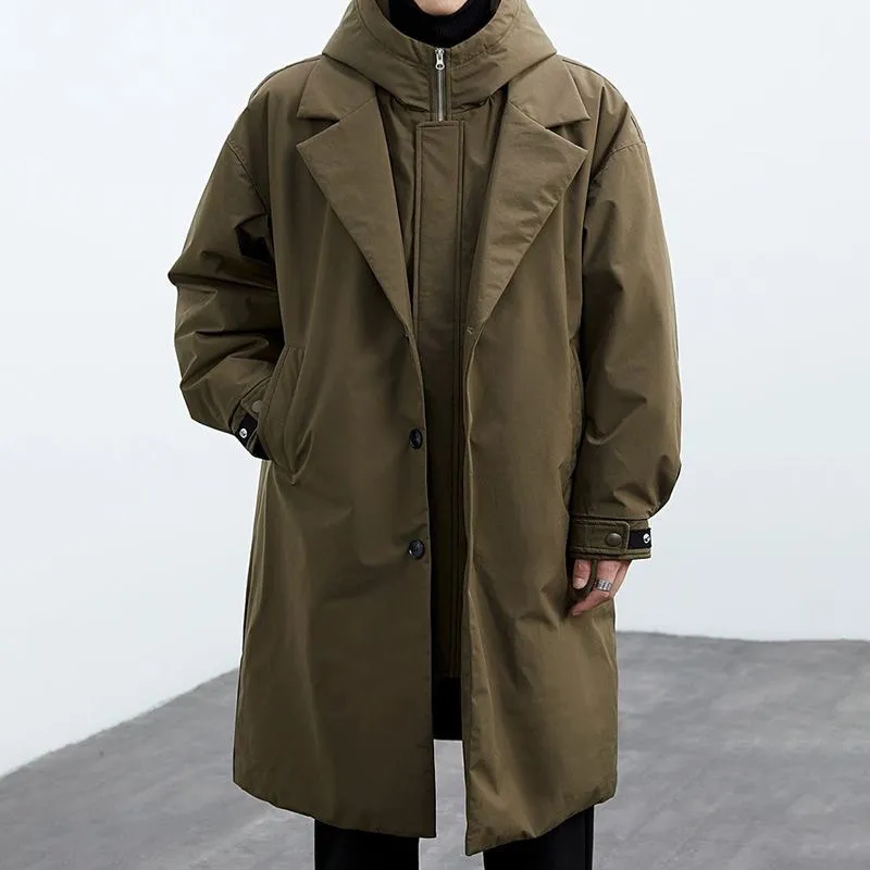 Men Fashion Causal Spring And Autumn Solid Color Fake Two-Piece Hooded Mid-Length Windbreaker Coat