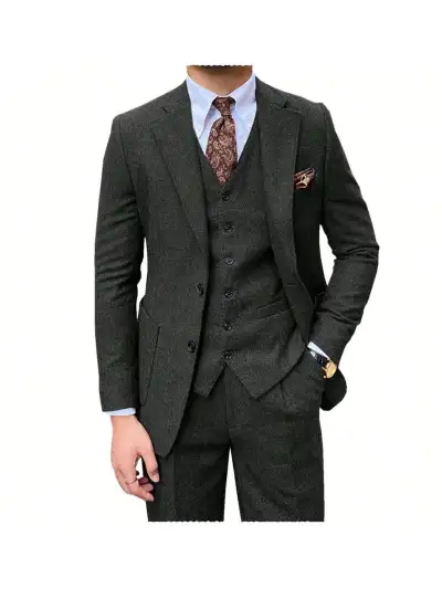 Men'S Fashion Casual Business Slub Woolen Herringbone Vest Coat Pants Suit Three-Piece Set