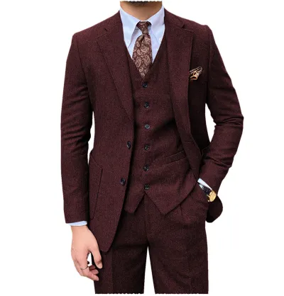 Men'S Fashion Casual Business Slub Woolen Herringbone Vest Coat Pants Suit Three-Piece Set