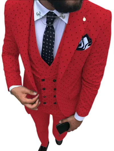 Men'S Fashion Casual Polka Dot Print Vest Coat Pants Suit Three-Piece Set