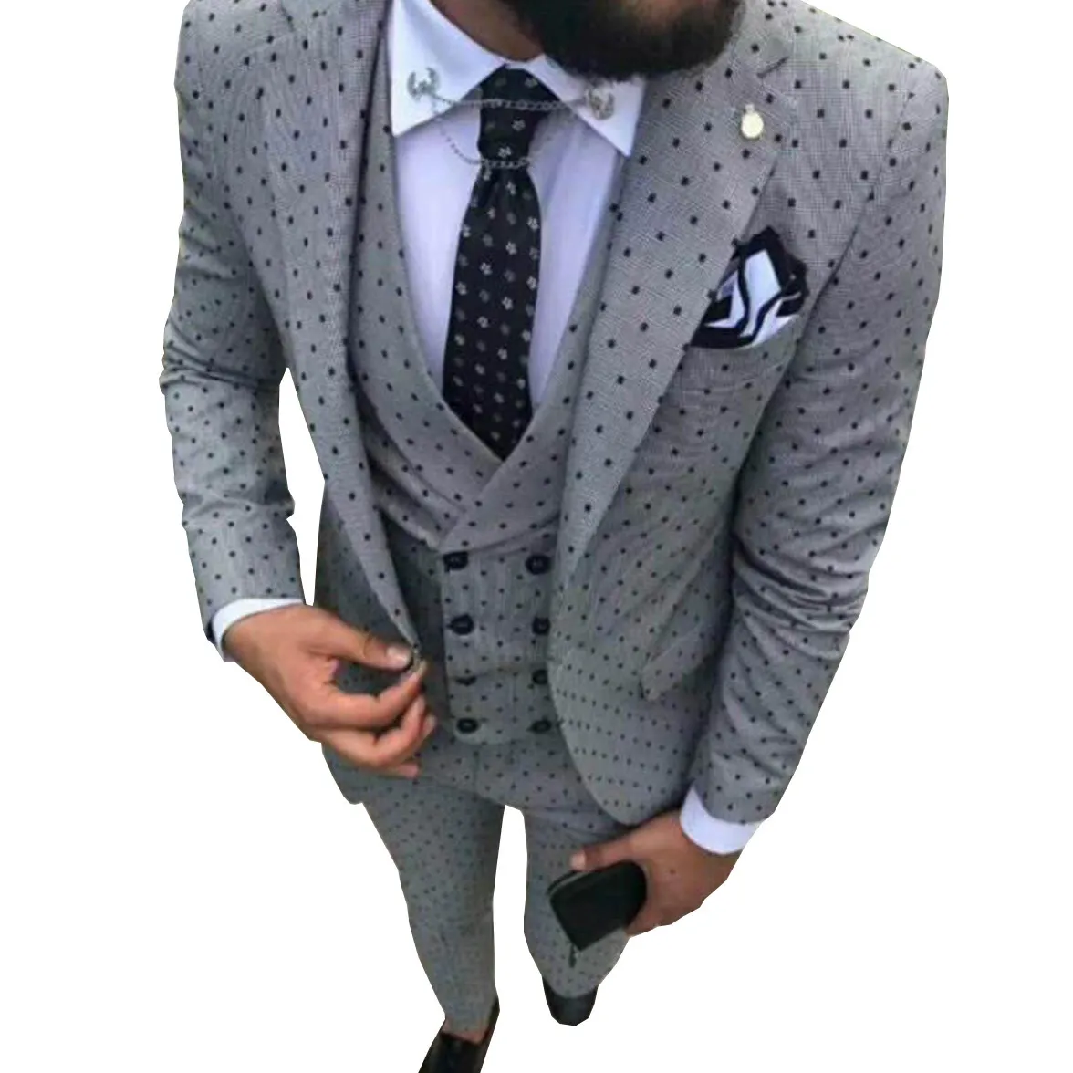 Men'S Fashion Casual Polka Dot Print Vest Coat Pants Suit Three-Piece Set