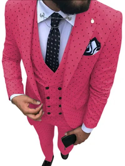 Men'S Fashion Casual Polka Dot Print Vest Coat Pants Suit Three-Piece Set