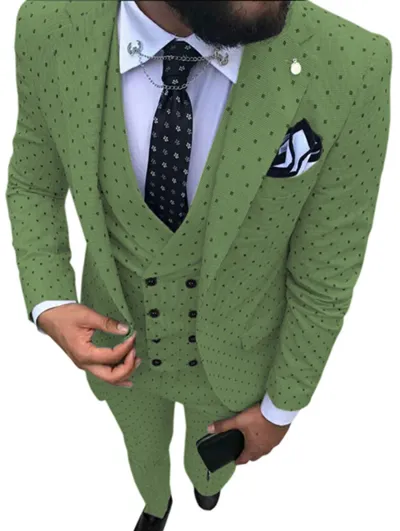 Men'S Fashion Casual Polka Dot Print Vest Coat Pants Suit Three-Piece Set