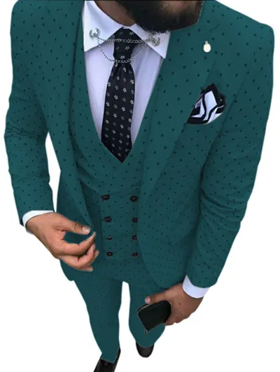 Men'S Fashion Casual Polka Dot Print Vest Coat Pants Suit Three-Piece Set